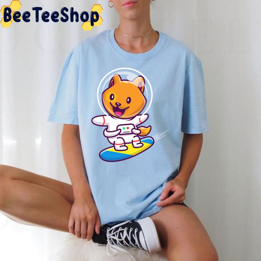 Cute Cat Astronaut Surfing In Space Cartoon Unisex T-Shirt Cute Cat Astronaut Surfing In Space Cartoon Unisex T-Shirt