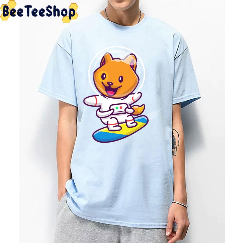 Cute Cat Astronaut Surfing In Space Cartoon Unisex T-Shirt Cute Cat Astronaut Surfing In Space Cartoon Unisex T-Shirt
