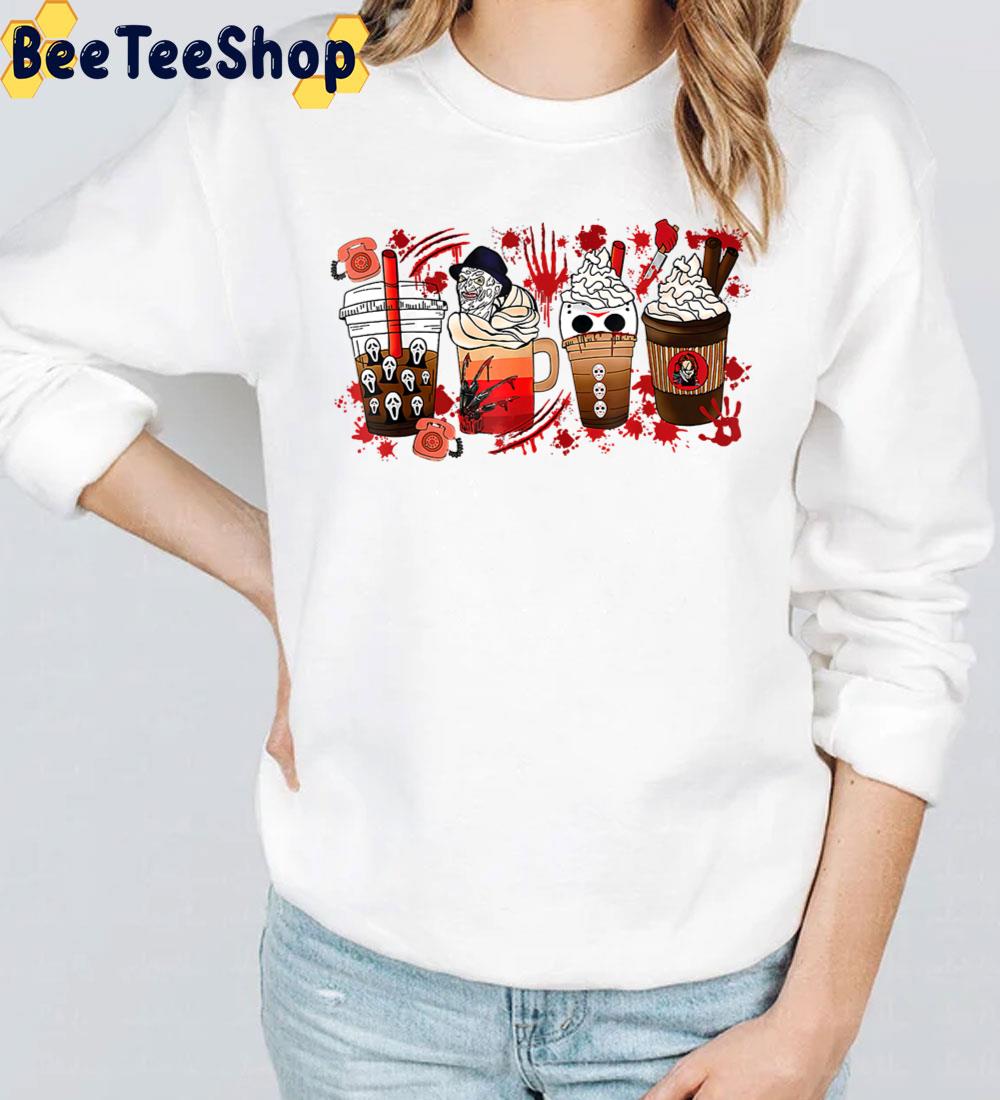 Freddy Ghostface Jason Chucky Horror And Coffee Halloween Spooky Season Fall Trending Unisex T-Shirt Freddy Ghostface Jason Chucky Horror And Coffee Halloween Spooky Season Fall Trending Unisex T-Shirt