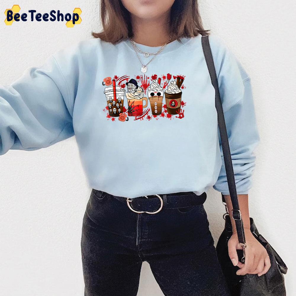 Freddy Ghostface Jason Chucky Horror And Coffee Halloween Spooky Season Fall Trending Unisex T-Shirt Freddy Ghostface Jason Chucky Horror And Coffee Halloween Spooky Season Fall Trending Unisex T-Shirt