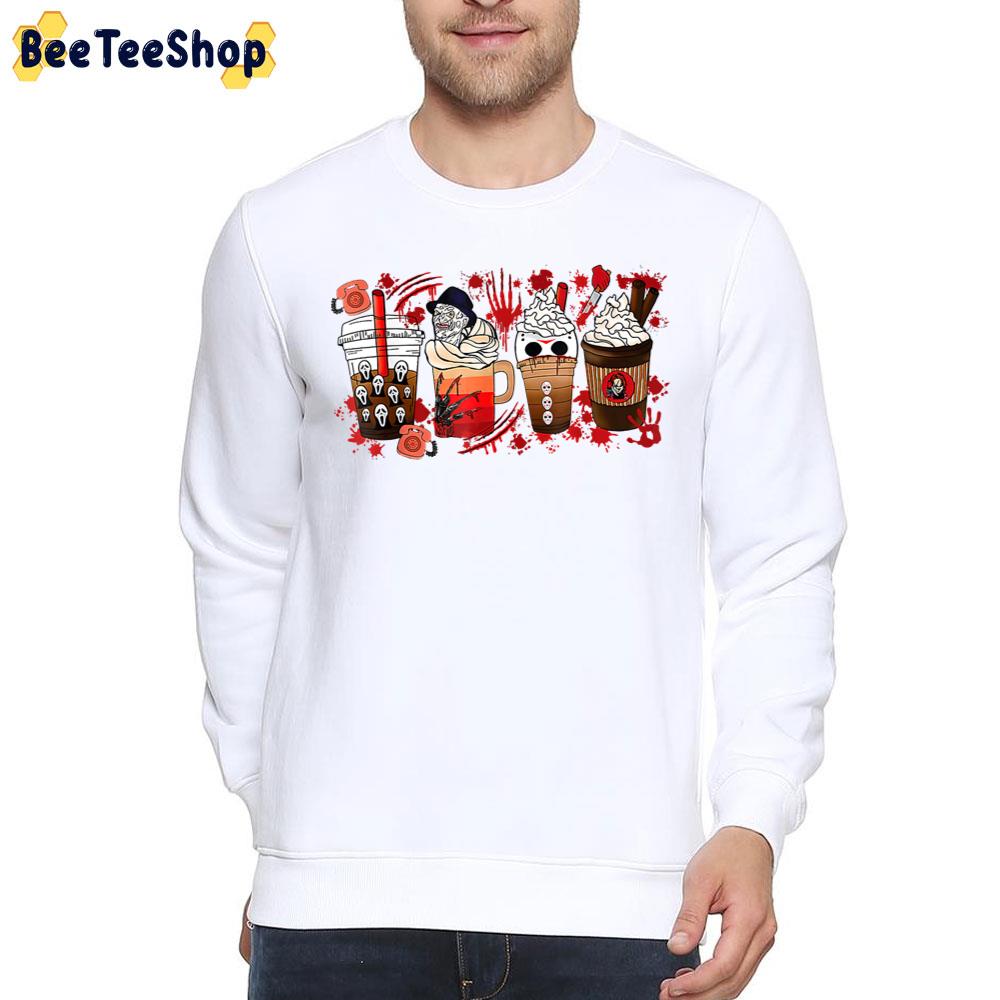 Freddy Ghostface Jason Chucky Horror And Coffee Halloween Spooky Season Fall Trending Unisex T-Shirt Freddy Ghostface Jason Chucky Horror And Coffee Halloween Spooky Season Fall Trending Unisex T-Shirt