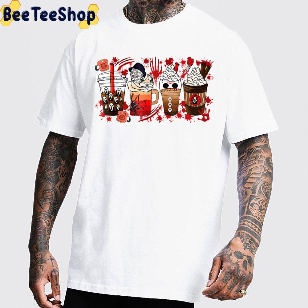 Freddy Ghostface Jason Chucky Horror And Coffee Halloween Spooky Season Fall Trending Unisex T-Shirt Freddy Ghostface Jason Chucky Horror And Coffee Halloween Spooky Season Fall Trending Unisex T-Shirt