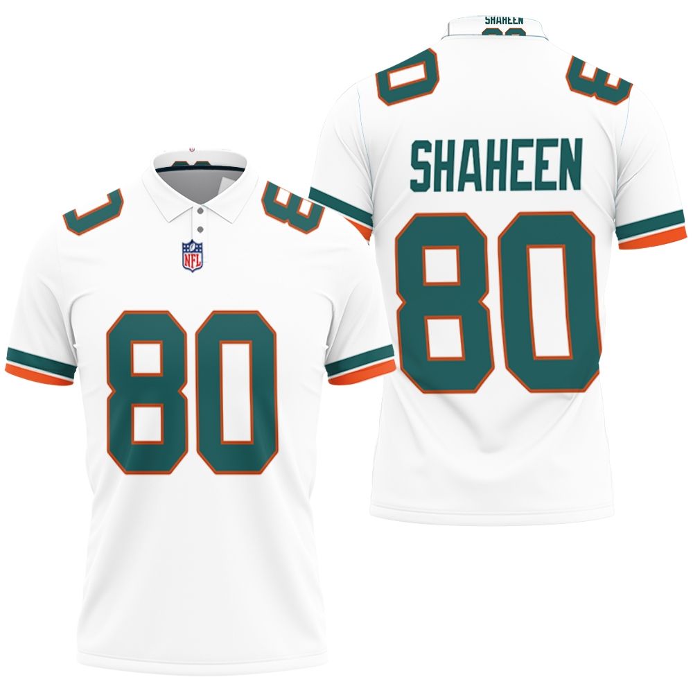 Miami Dolphins Adam Shaheen #80 Nfl American Football White 2019 Alternate Game Polo Shirt Miami Dolphins Adam Shaheen #80 Nfl American Football White 2019 Alternate Game Polo Shirt