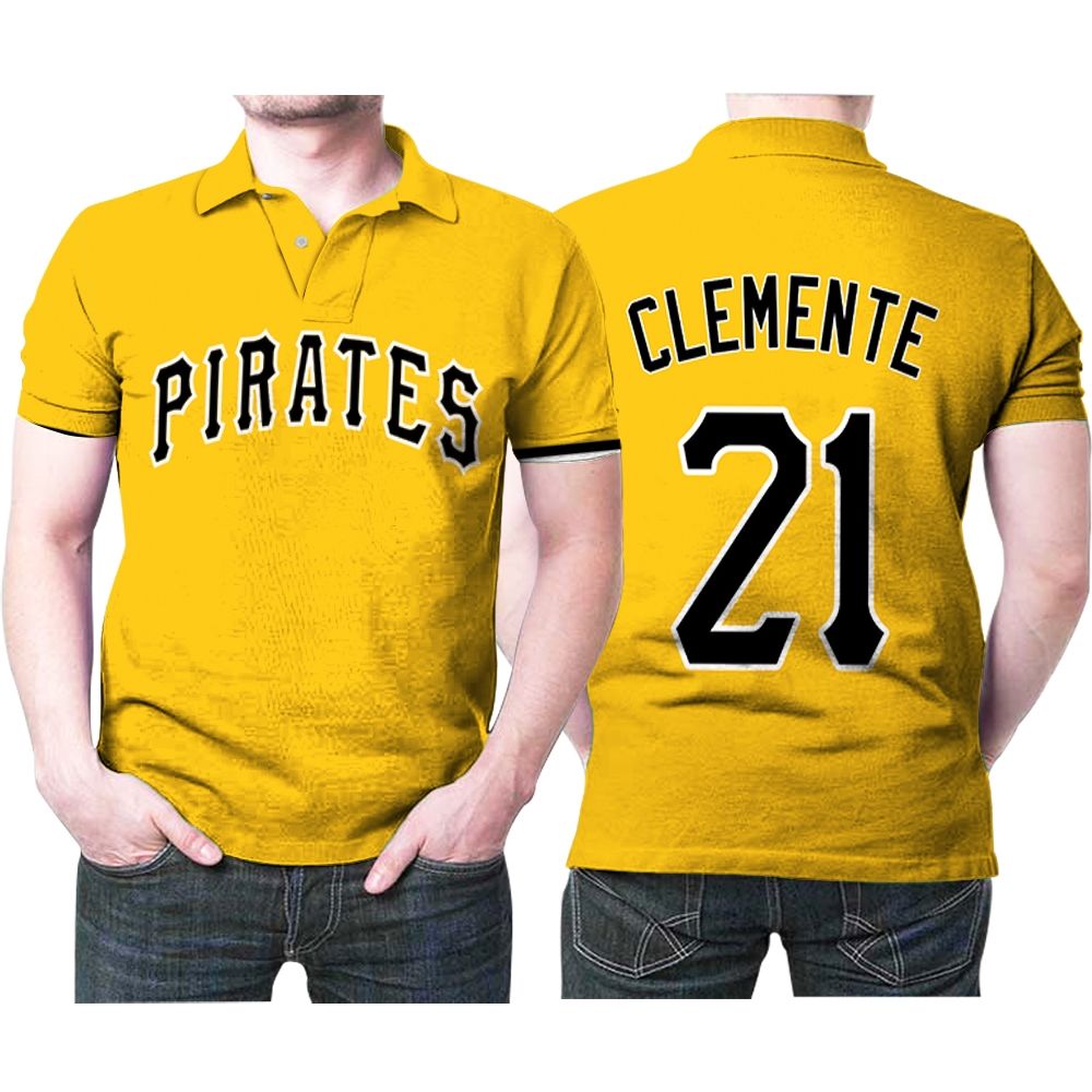 Pittsburgh Pirates Roberto Clemente #21 Mlb Great Player Baseball Team Logo Majestic Official Gold 2019 Polo Shirt Pittsburgh Pirates Roberto Clemente #21 Mlb Great Player Baseball Team Logo Majestic Official Gold 2019 Polo Shirt