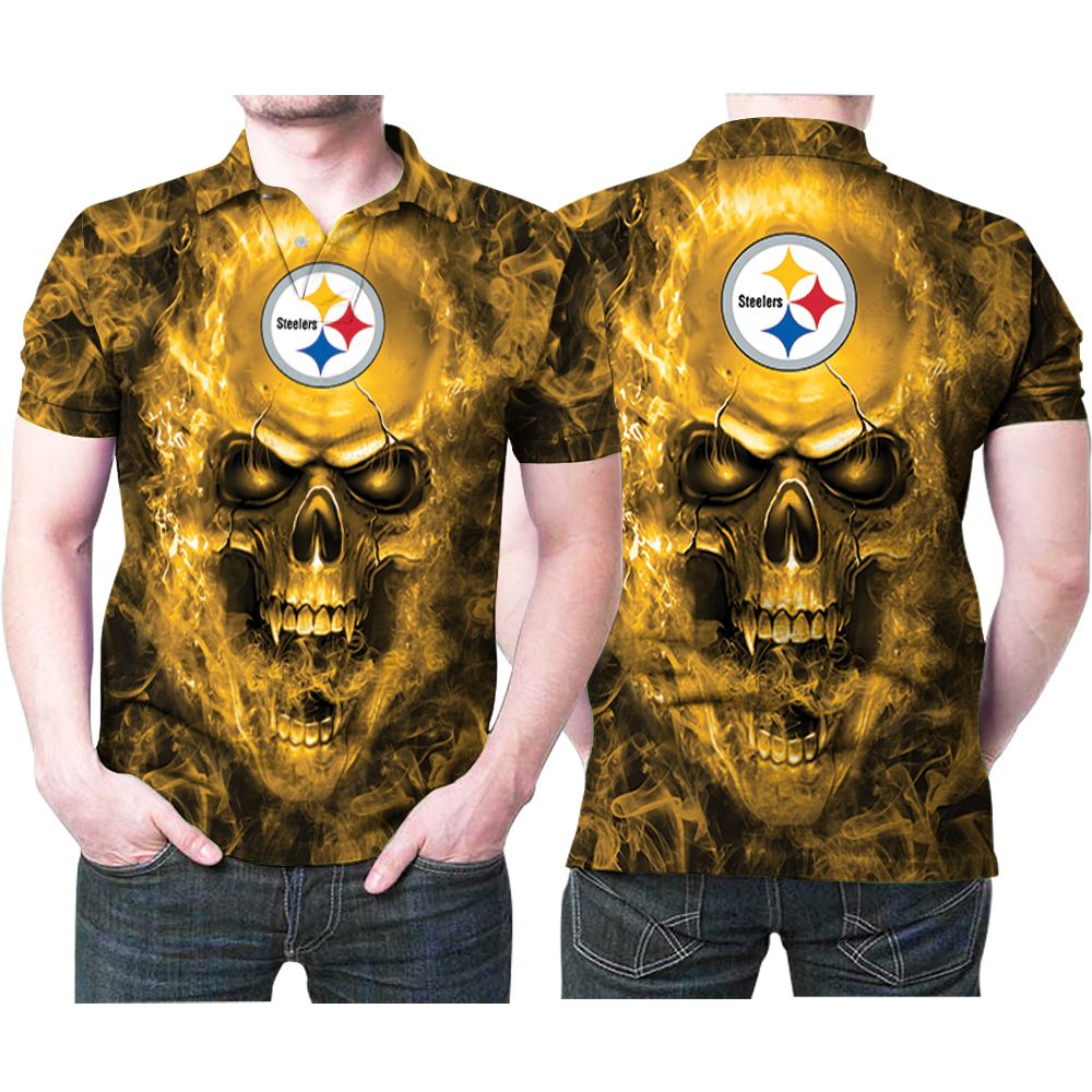 Pittsburgh Steelers Logo Fire Skull Printed 3D All Over Print Polo Shirt Pittsburgh Steelers Logo Fire Skull Printed 3D All Over Print Polo Shirt