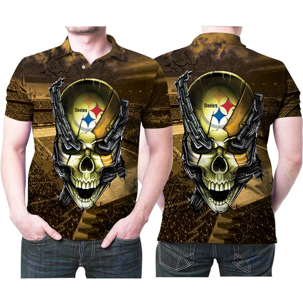 Pittsburgh Steelers Skull Chain Logo Printed 3D All Over Print Polo Shirt Pittsburgh Steelers Skull Chain Logo Printed 3D All Over Print Polo Shirt