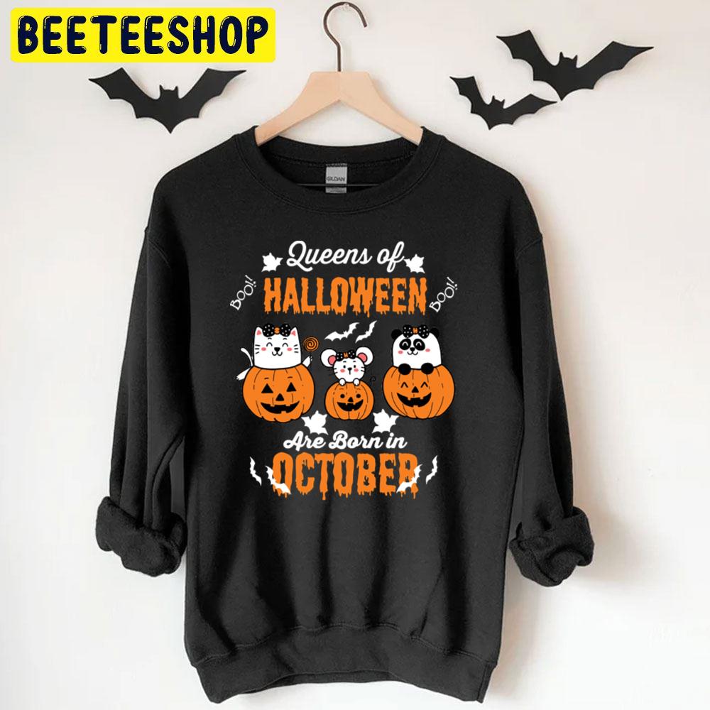 Queen Of Halloween Are Born In October Cat Mouse And Panda Trending Unisex T-Shirt Queen Of Halloween Are Born In October Cat Mouse And Panda Trending Unisex T-Shirt