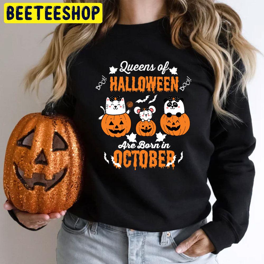 Queen Of Halloween Are Born In October Cat Mouse And Panda Trending Unisex T-Shirt Queen Of Halloween Are Born In October Cat Mouse And Panda Trending Unisex T-Shirt