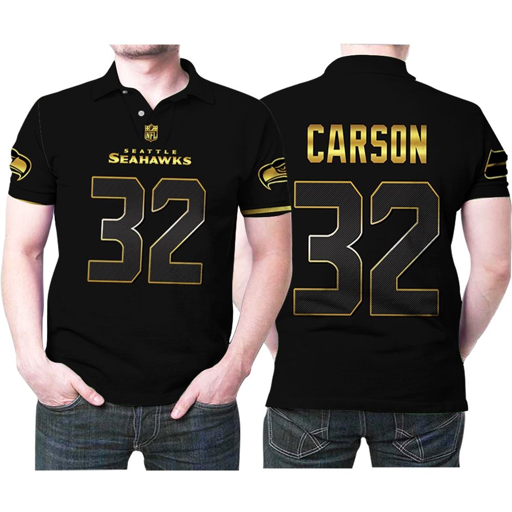 Seattle Seahawks Chris Carson #32 Nfl American Football Team Black Golden Edition Polo Shirt Seattle Seahawks Chris Carson #32 Nfl American Football Team Black Golden Edition Polo Shirt