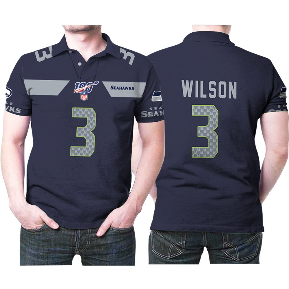 Seattle Seahawks Russell Wilson #3 Nfl American Football Navy 100th Season Polo Shirt Seattle Seahawks Russell Wilson #3 Nfl American Football Navy 100th Season Polo Shirt