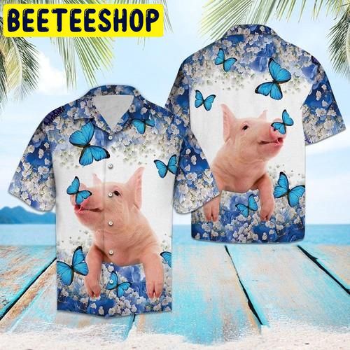 Aloha Shirt Pig Blue And White Flower Hawaiian Shirt Aloha Shirt Pig Blue And White Flower Hawaiian Shirt