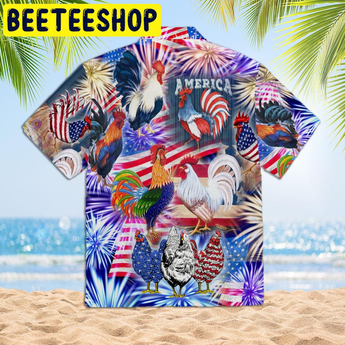 America Rooster Chicken With Fireworks Hawaiian Shirt America Rooster Chicken With Fireworks Hawaiian Shirt