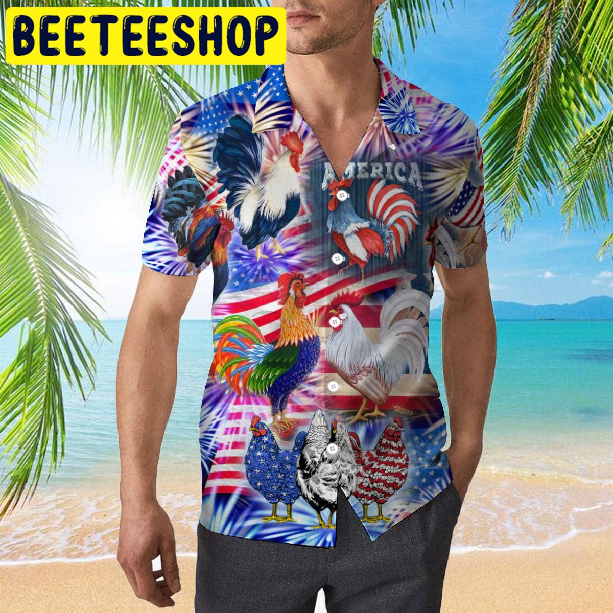 America Rooster Chicken With Fireworks Hawaiian Shirt America Rooster Chicken With Fireworks Hawaiian Shirt