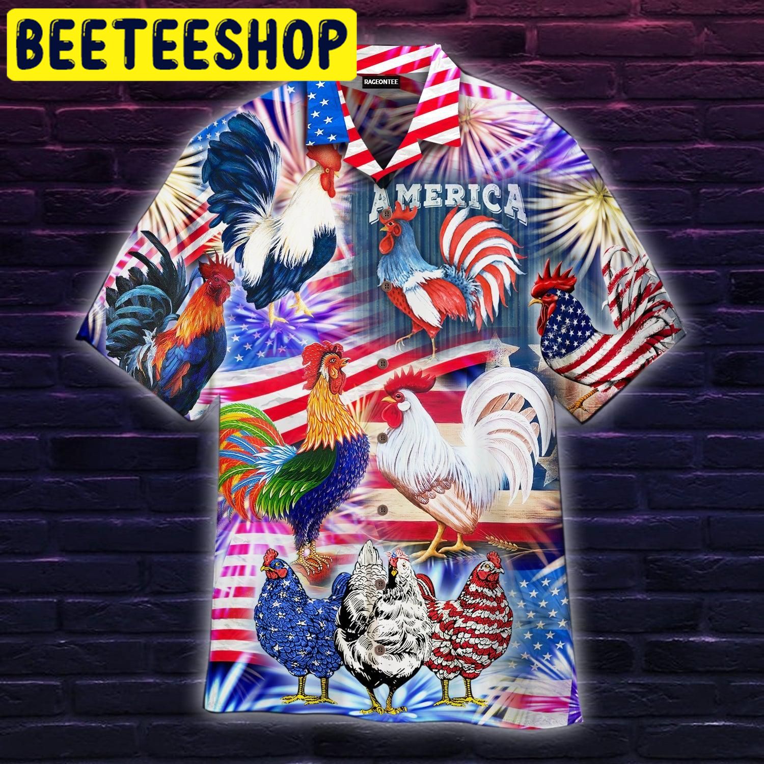 America Rooster Chicken With Fireworks Hawaiian Shirt America Rooster Chicken With Fireworks Hawaiian Shirt