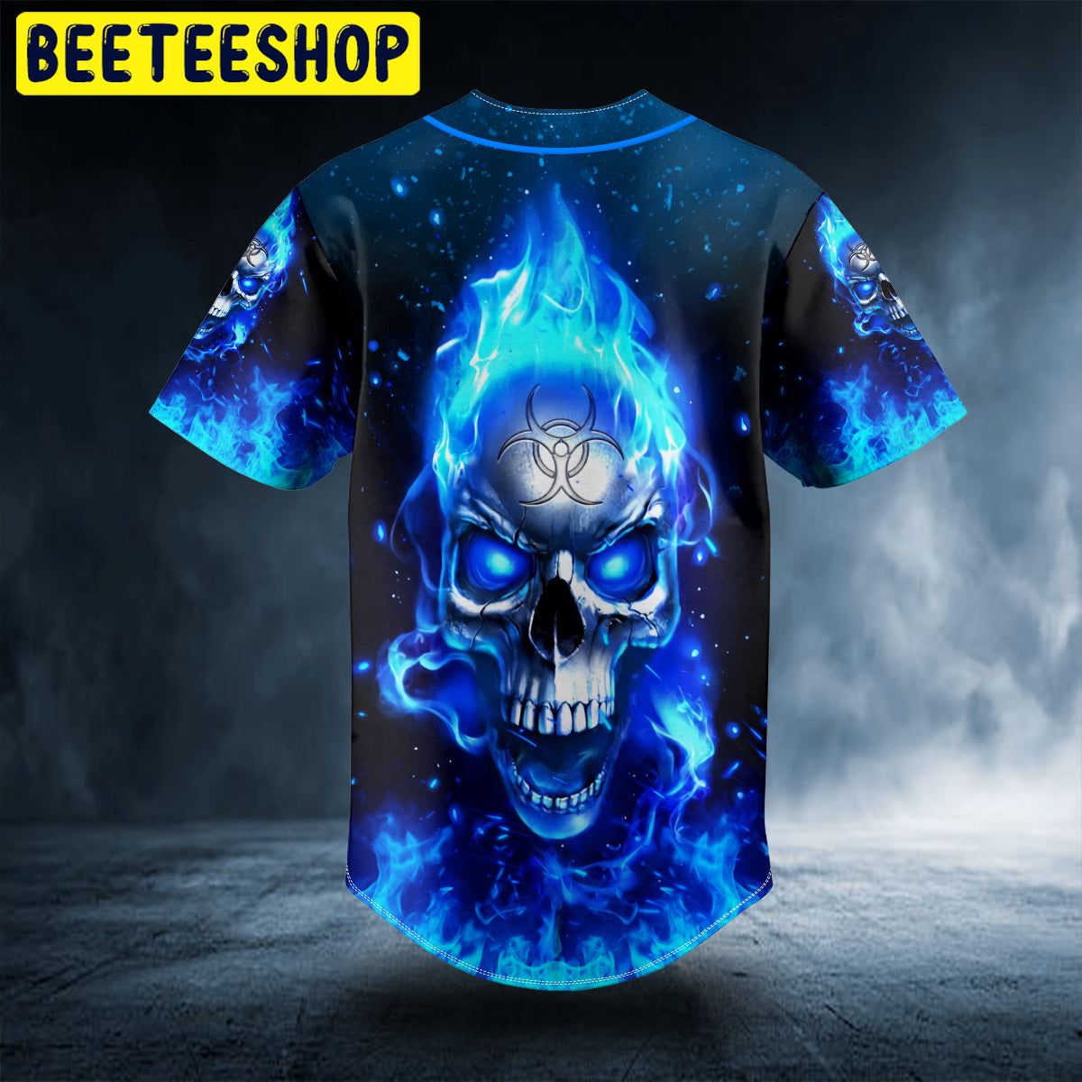 Blue Flaming Biohazard Tribal Metal Skull Custom Trending Baseball Jersey Blue Flaming Biohazard Tribal Metal Skull Custom Trending Baseball Jersey
