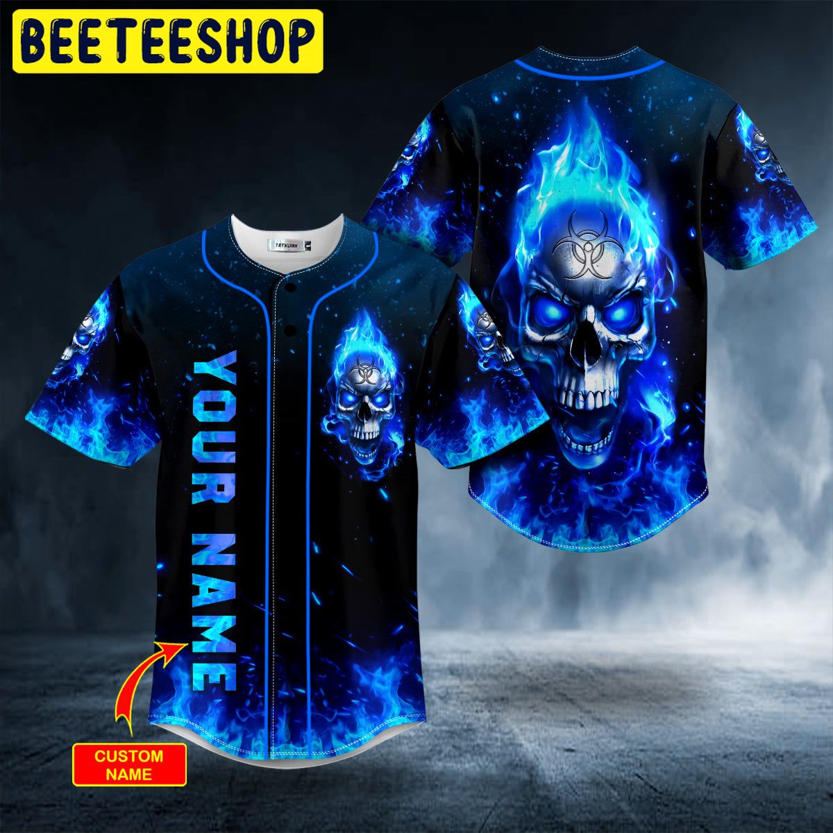 Blue Flaming Biohazard Tribal Metal Skull Custom Trending Baseball Jersey Blue Flaming Biohazard Tribal Metal Skull Custom Trending Baseball Jersey