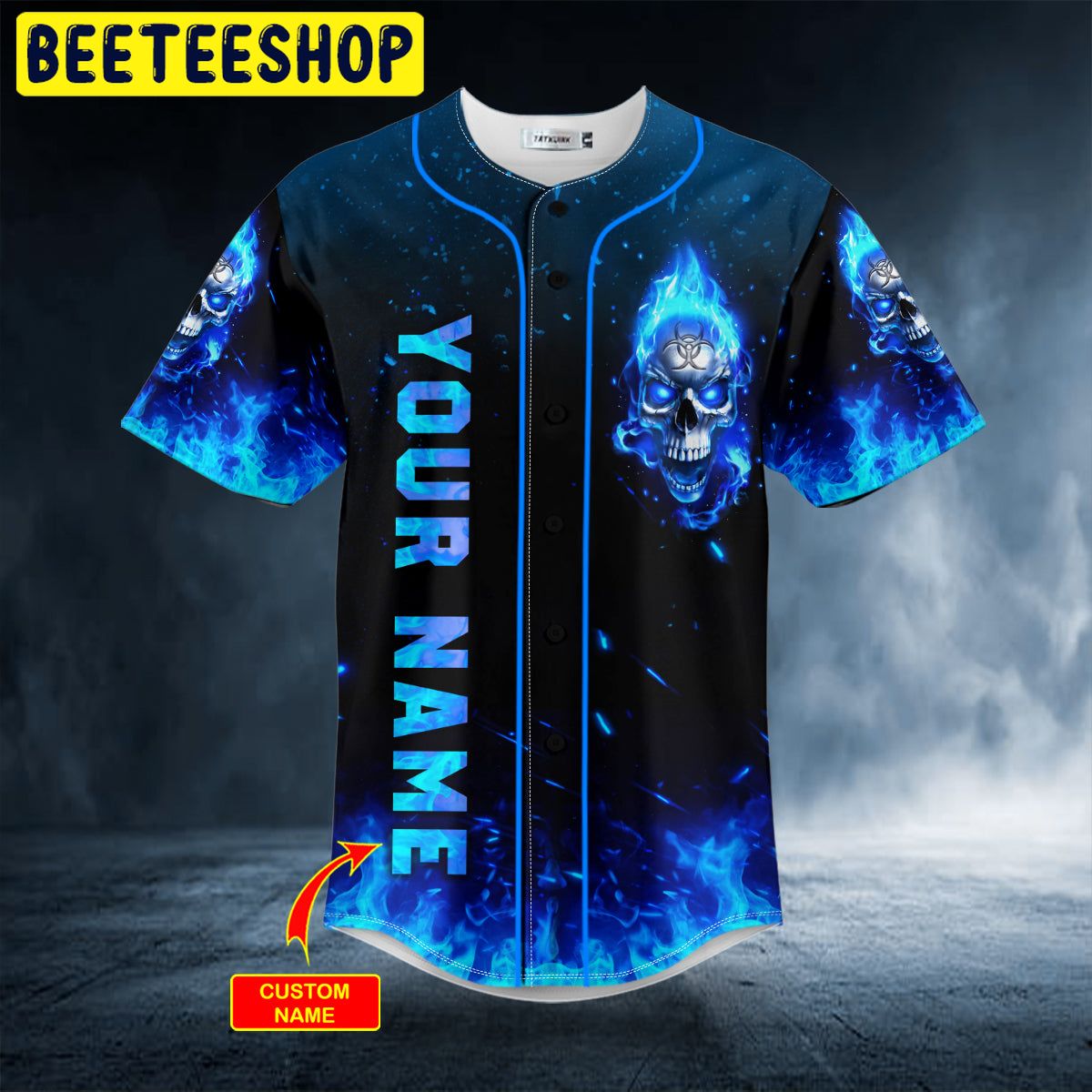 Blue Flaming Biohazard Tribal Metal Skull Custom Trending Baseball Jersey Blue Flaming Biohazard Tribal Metal Skull Custom Trending Baseball Jersey