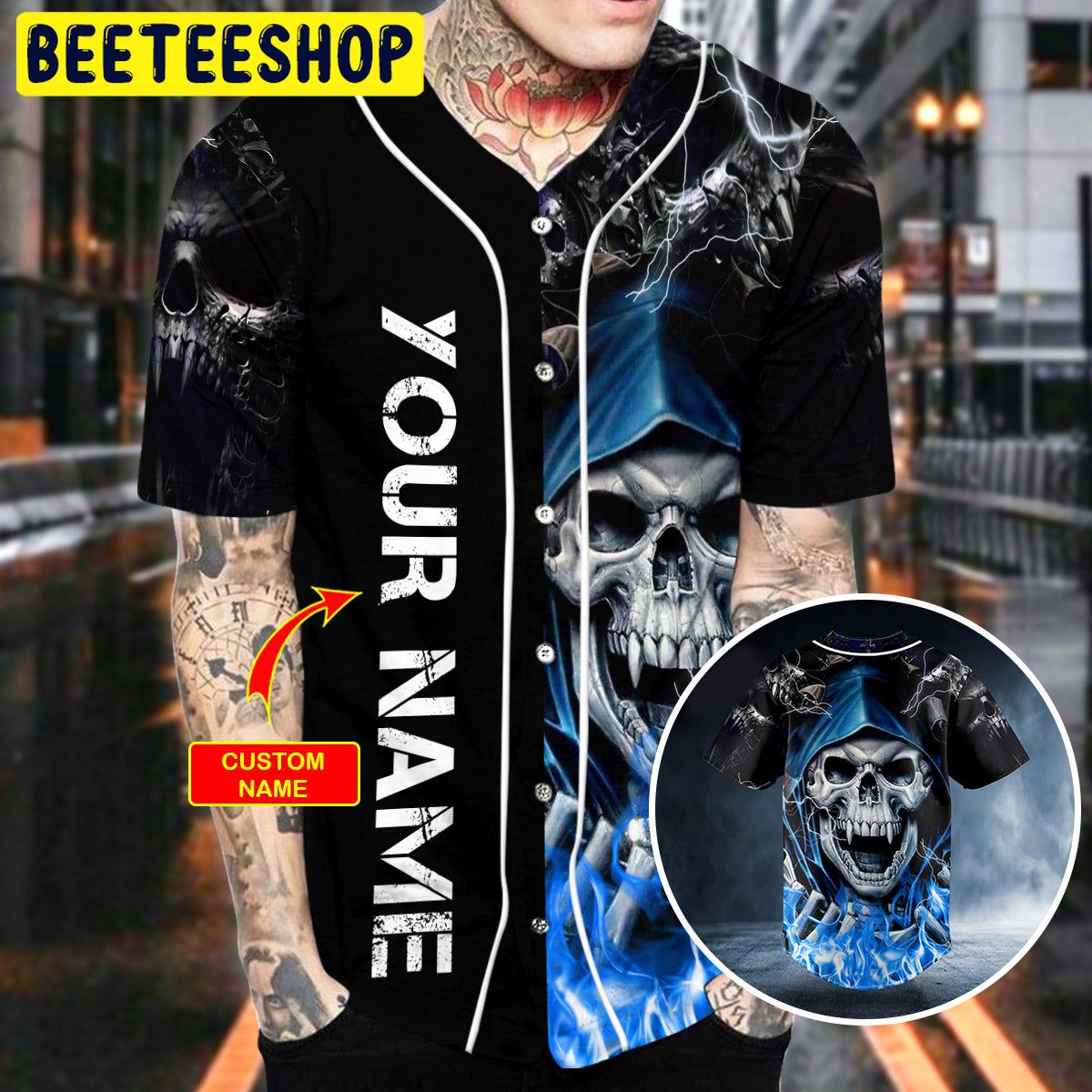 Blue Grim Reaper Lightning Fire Custom Trending Baseball Jersey Blue Grim Reaper Lightning Fire Custom Trending Baseball Jersey