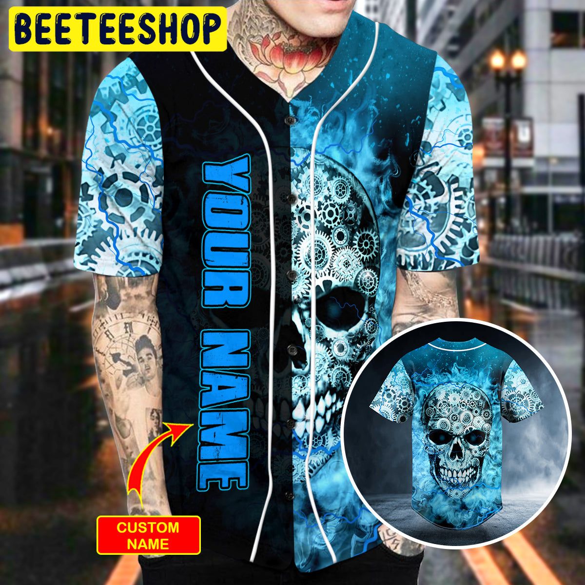 Blue Mechanism Gear Skull Custom Trending Baseball Jersey Blue Mechanism Gear Skull Custom Trending Baseball Jersey