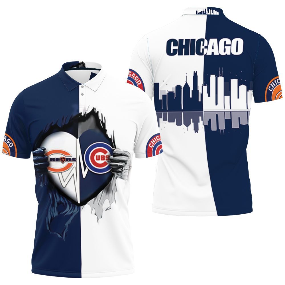 Chicago Bears Chicago Cubs Heartbeat Love Ripped 3D All Over Print Polo Shirt Chicago Bears Chicago Cubs Heartbeat Love Ripped 3D All Over Print Polo Shirt