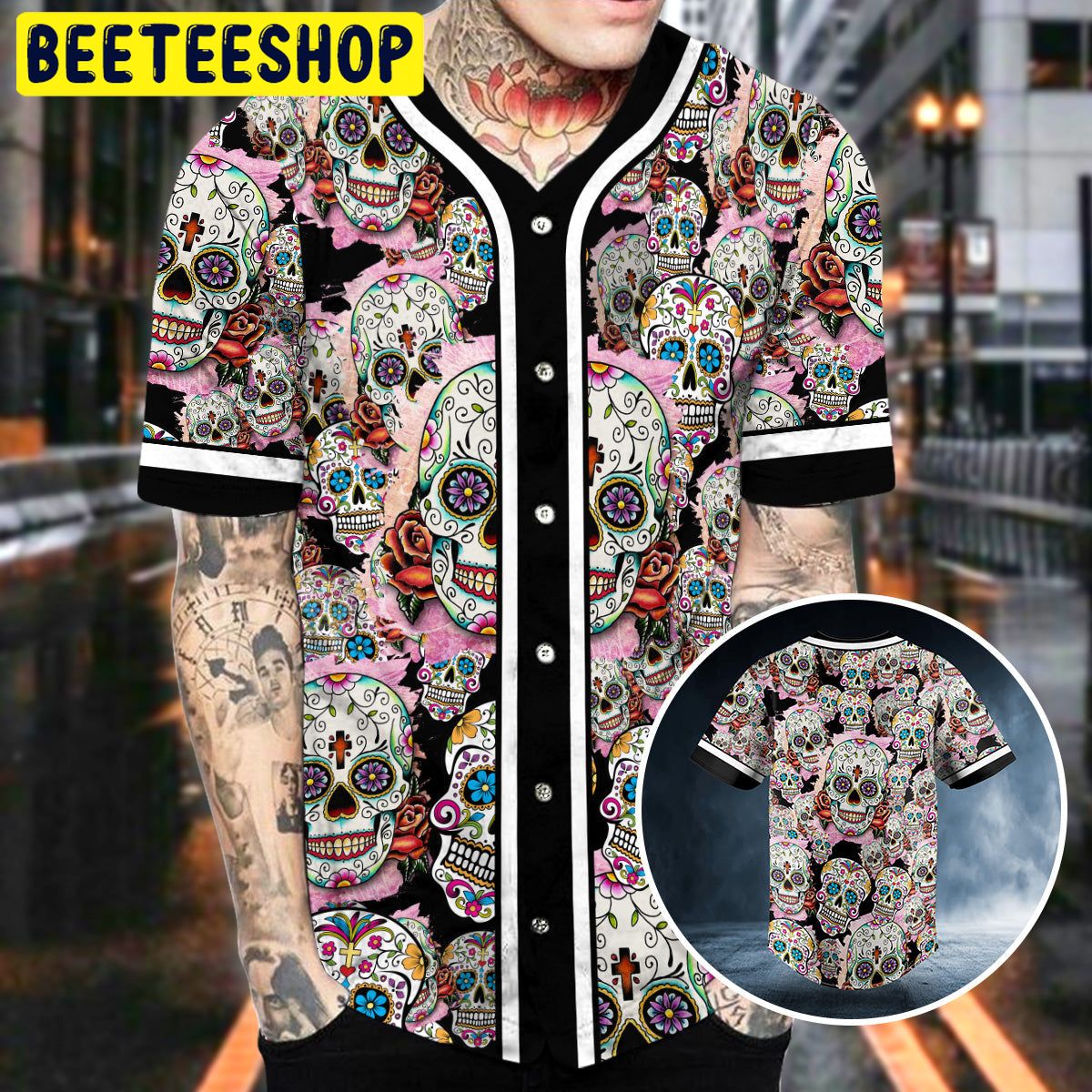 Colored Sugar Skull Doodle Trending Baseball Jersey Colored Sugar Skull Doodle Trending Baseball Jersey