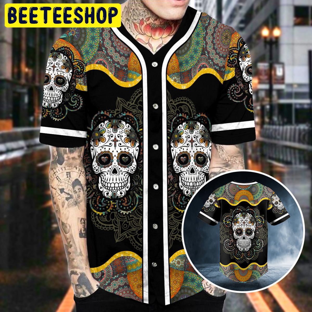 Colorful Mandala Tattoo Sugar Skull Trending Baseball Jersey Colorful Mandala Tattoo Sugar Skull Trending Baseball Jersey
