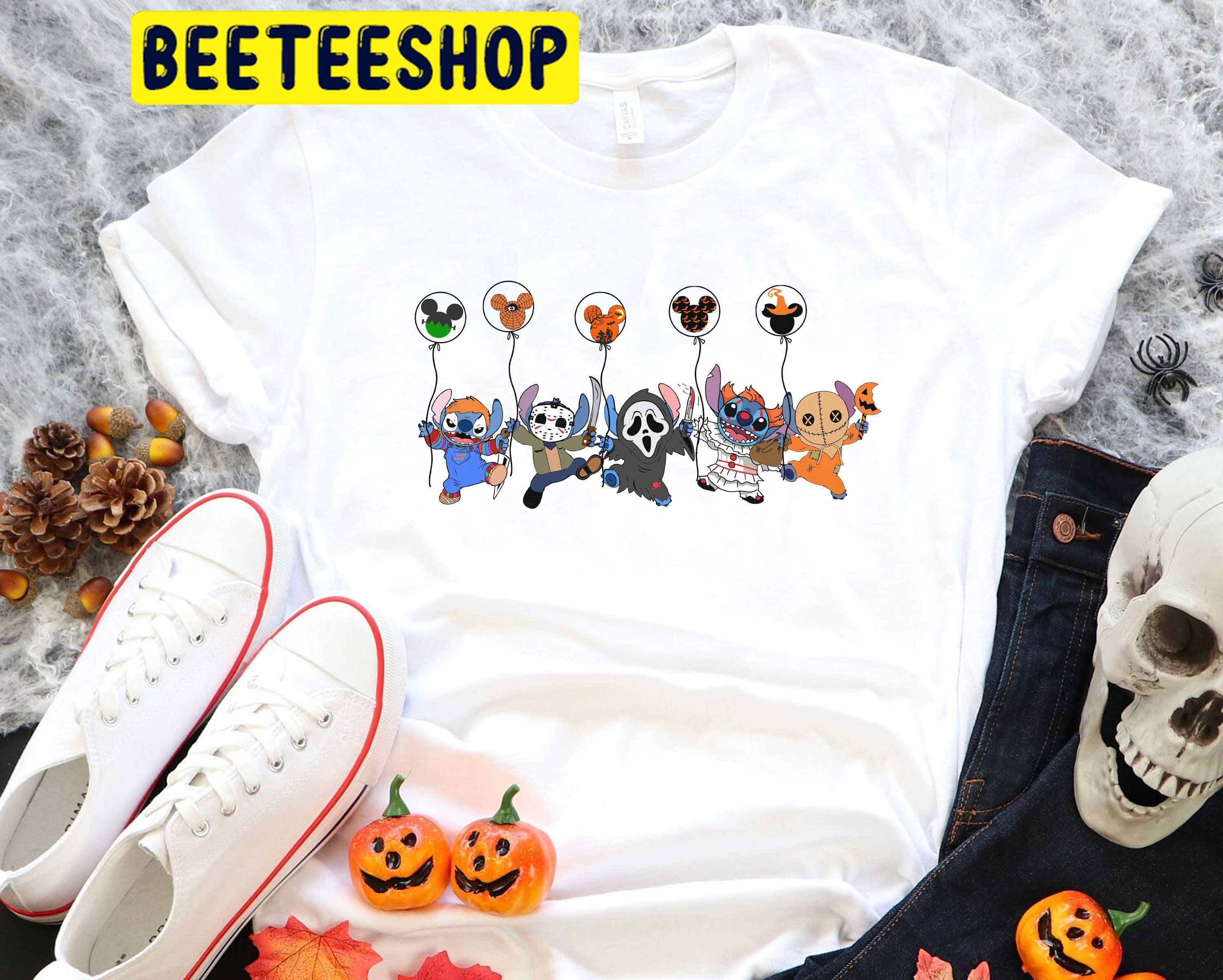 Cute Stitch Horror Killer Mickey Balloons HalloweenTrending Unisex Shirt