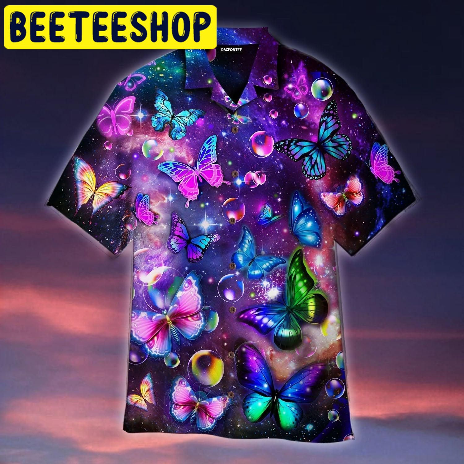 Fantasy Galaxy Neon Butterflies Hawaiian Shirt Fantasy Galaxy Neon Butterflies Hawaiian Shirt