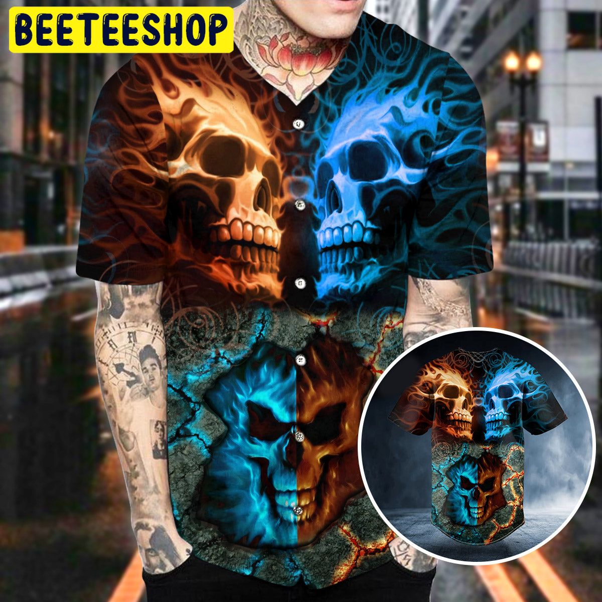 Fire Ice Pattern Skull Trending Baseball Jersey Fire Ice Pattern Skull Trending Baseball Jersey