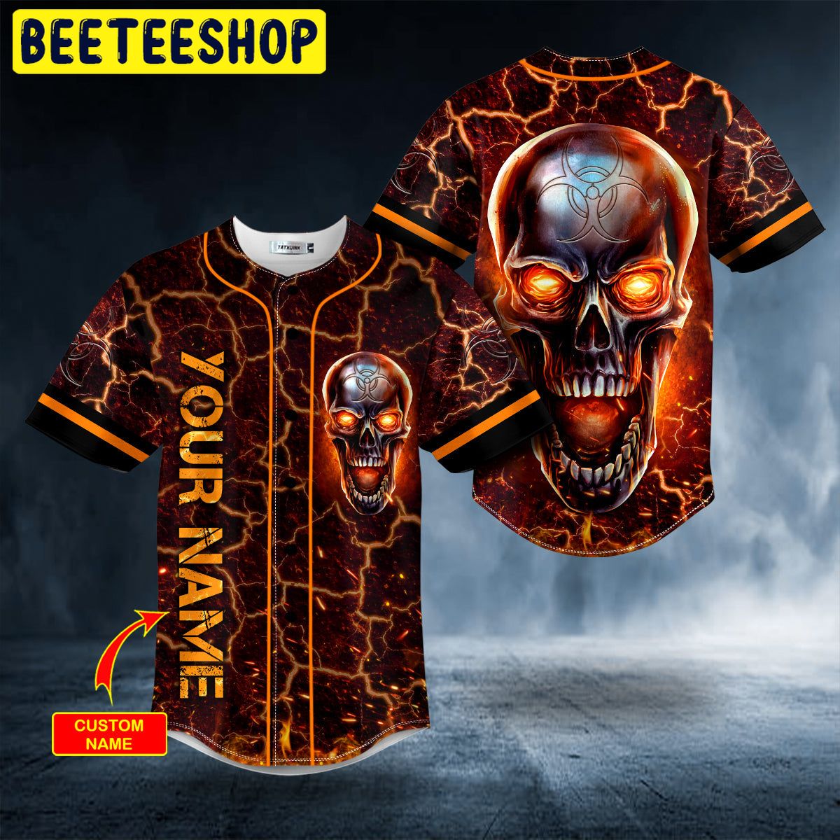 Fire Metallic Biohazard Skull Custom Trending Baseball Jersey Fire Metallic Biohazard Skull Custom Trending Baseball Jersey