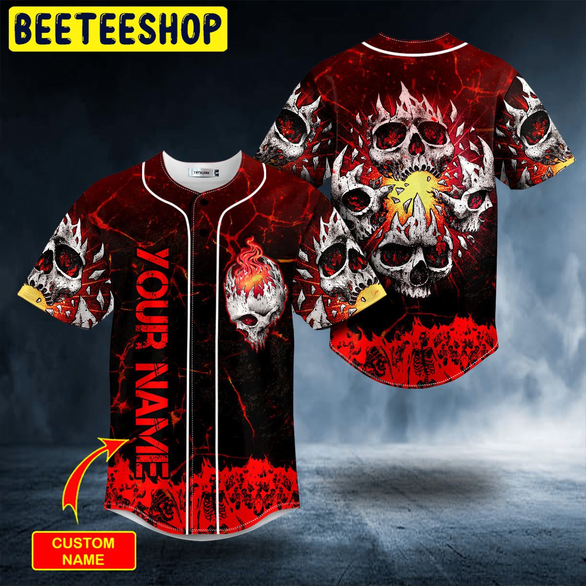 Flame Cracked Triple Skull Custom Trending Baseball Jersey Flame Cracked Triple Skull Custom Trending Baseball Jersey