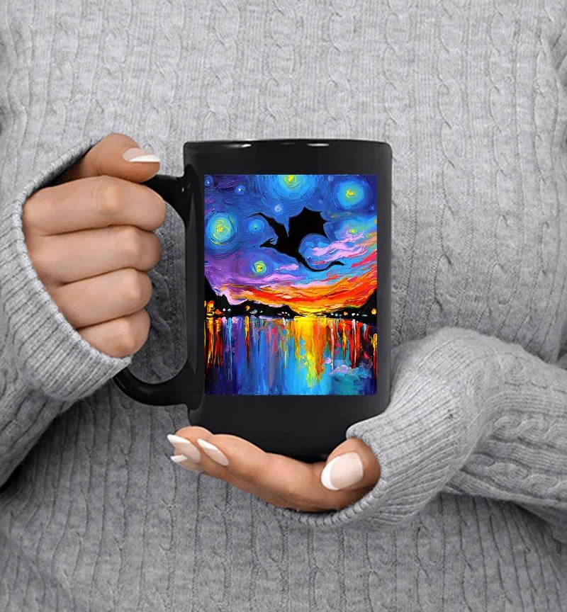 Flying Dragon Silhouette Sunset Starry Night Fantasy Art Mug Flying Dragon Silhouette Sunset Starry Night Fantasy Art Mug
