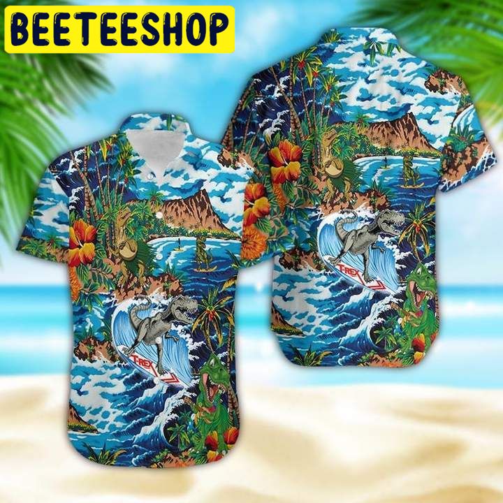 Funny Dinosaur Surfing On Tropical Island Hawaiian Shirt Funny Dinosaur Surfing On Tropical Island Hawaiian Shirt
