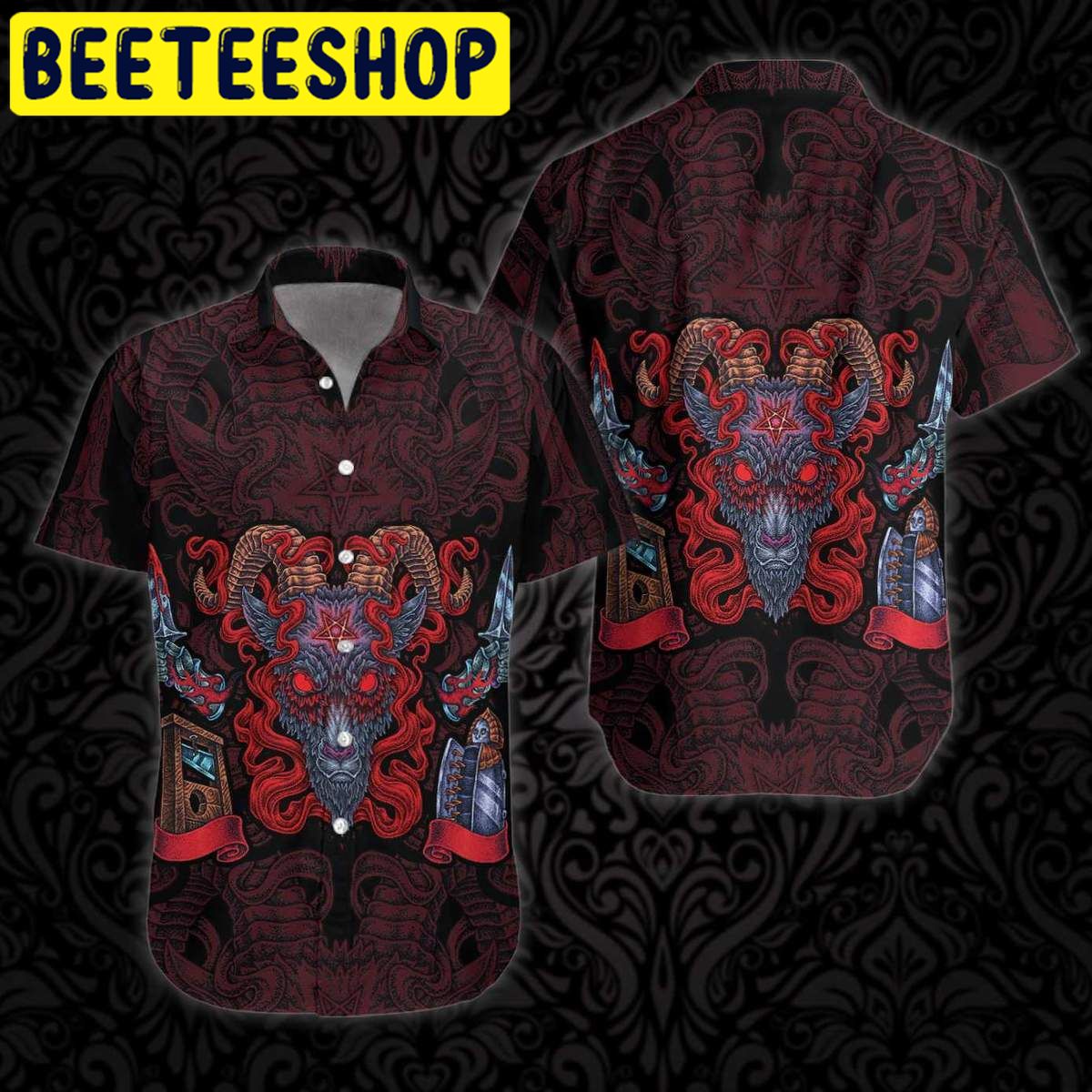 Goat Head Pentagram With Hell Fire Satanic Gothic Hawaiian Shirt Goat Head Pentagram With Hell Fire Satanic Gothic Hawaiian Shirt