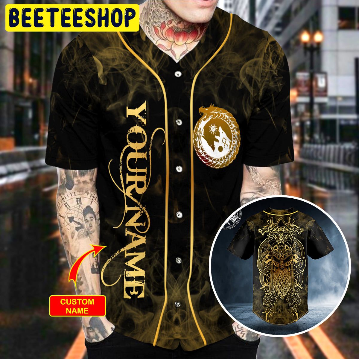 Gold Yinyang Wolf Odin King Viking Tattoo Custom Trending Baseball Jersey Gold Yinyang Wolf Odin King Viking Tattoo Custom Trending Baseball Jersey