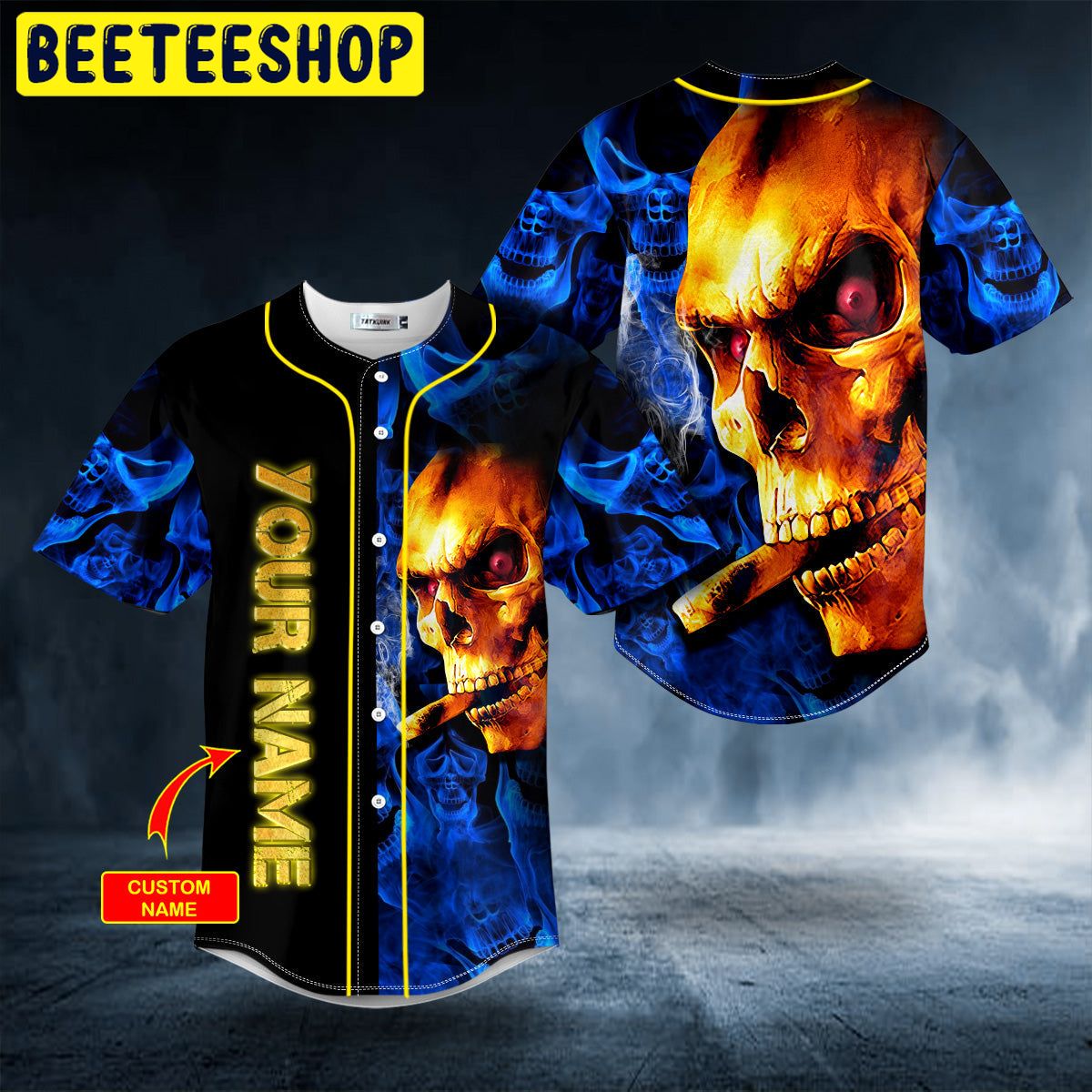 Golden Smoking Blue Smoke Skull Custom Trending Baseball Jersey Golden Smoking Blue Smoke Skull Custom Trending Baseball Jersey