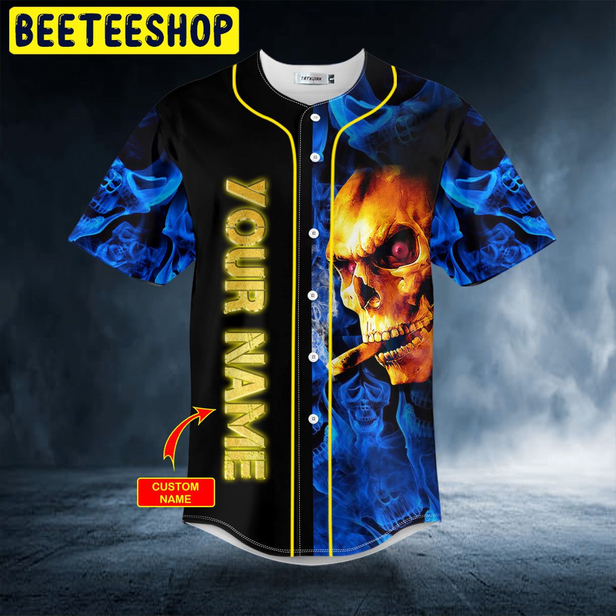 Golden Smoking Blue Smoke Skull Custom Trending Baseball Jersey Golden Smoking Blue Smoke Skull Custom Trending Baseball Jersey