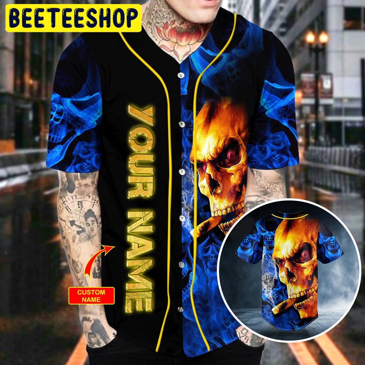 Golden Smoking Blue Smoke Skull Custom Trending Baseball Jersey Golden Smoking Blue Smoke Skull Custom Trending Baseball Jersey
