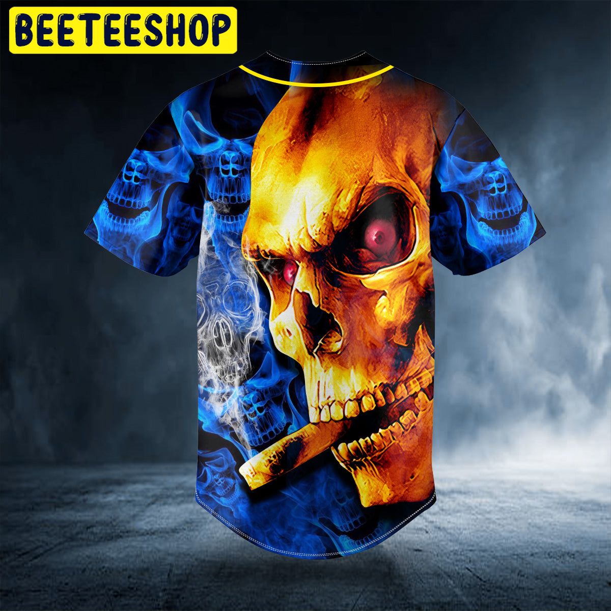 Golden Smoking Blue Smoke Skull Custom Trending Baseball Jersey Golden Smoking Blue Smoke Skull Custom Trending Baseball Jersey