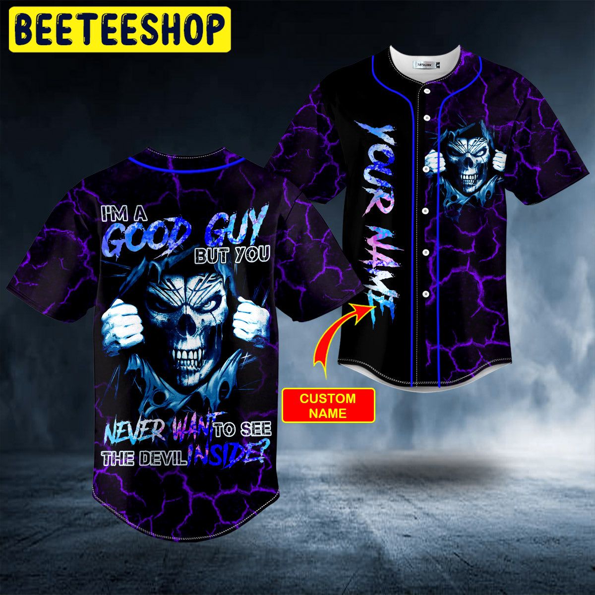Good Guy Devil Inside Grim Reaper Purple Lightning Skull Custom Trending Baseball Jersey Good Guy Devil Inside Grim Reaper Purple Lightning Skull Custom Trending Baseball Jersey