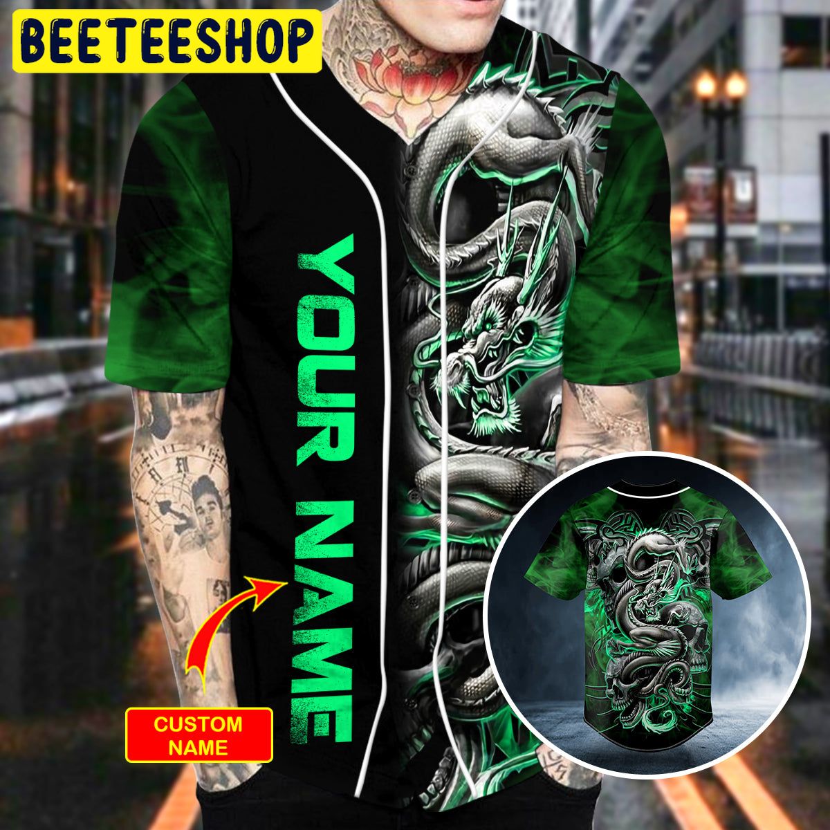 Green Dragon Skull Custom Trending Baseball Jersey Green Dragon Skull Custom Trending Baseball Jersey