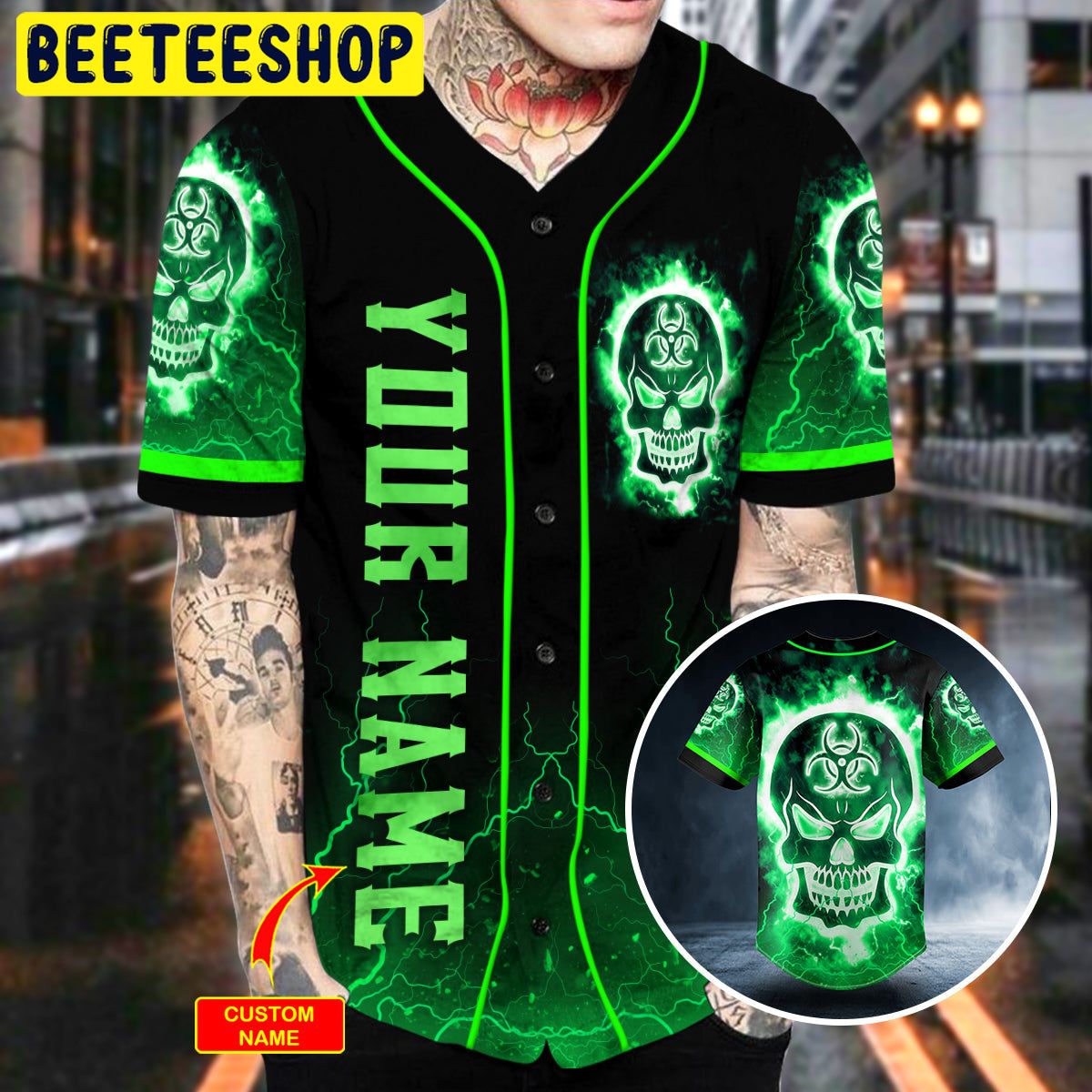 Green Fire Biohazard Skull Custom Trending Baseball Jersey Green Fire Biohazard Skull Custom Trending Baseball Jersey