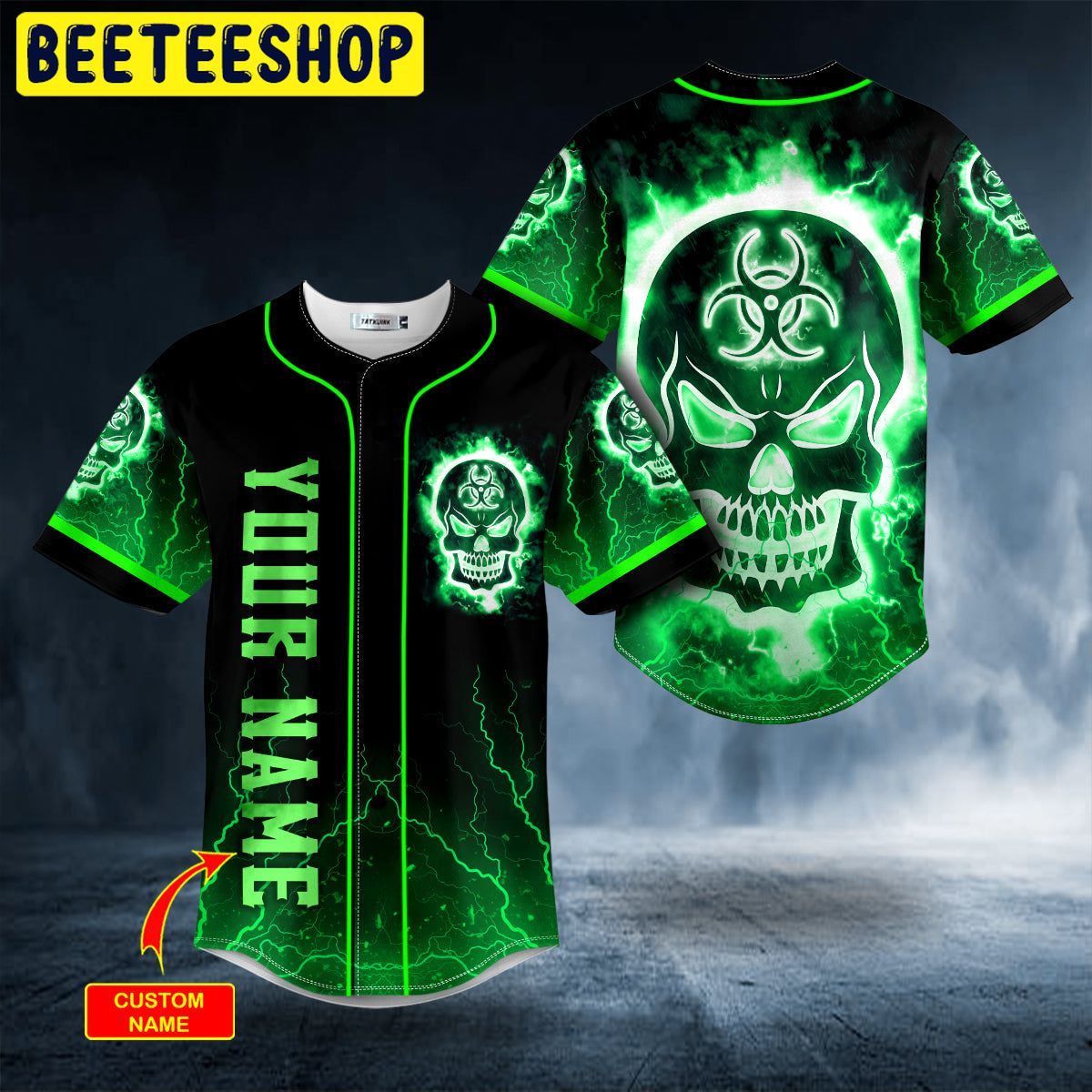 Green Fire Biohazard Skull Custom Trending Baseball Jersey Green Fire Biohazard Skull Custom Trending Baseball Jersey