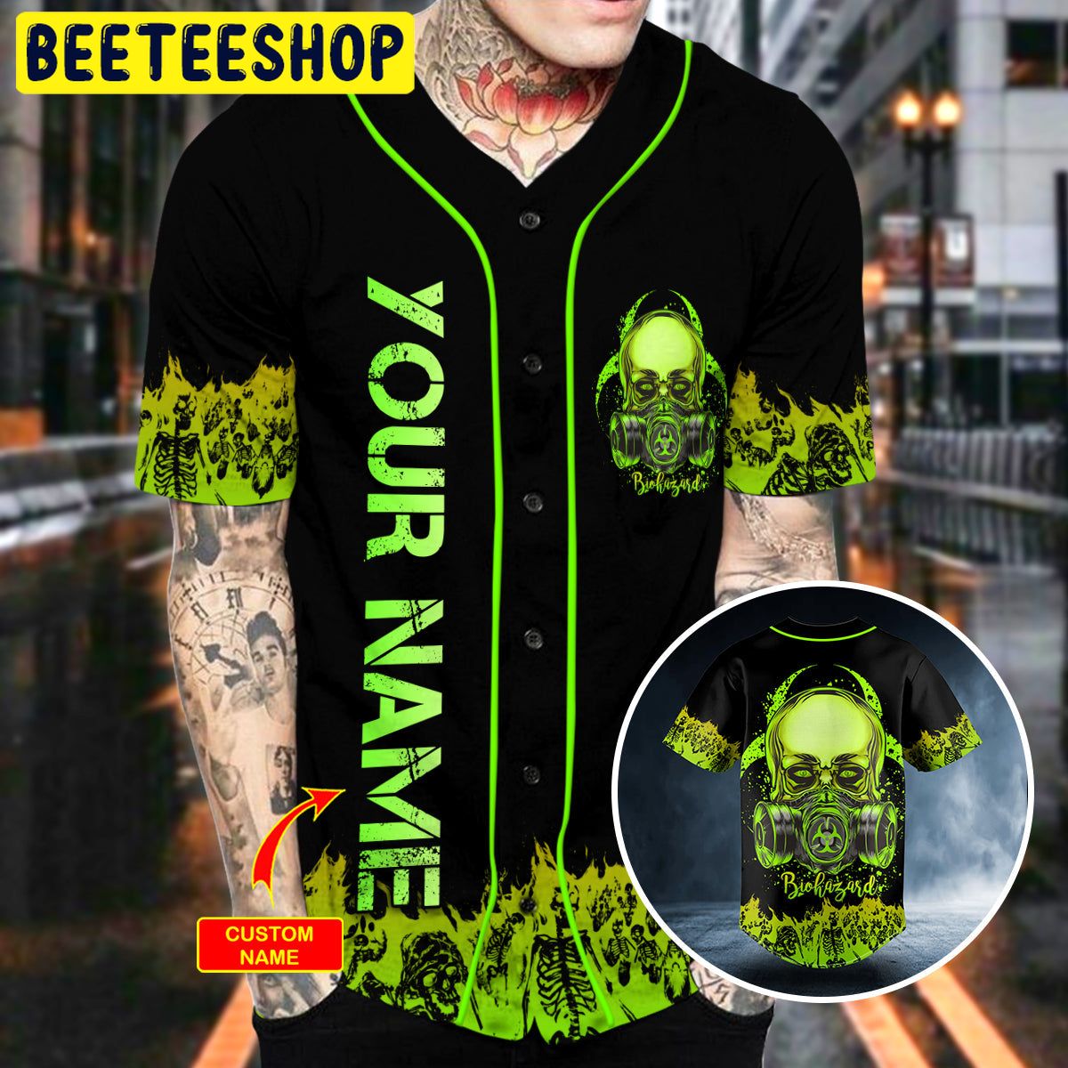 Green Gas Mask Biohazard Skull Custom Trending Baseball Jersey Green Gas Mask Biohazard Skull Custom Trending Baseball Jersey
