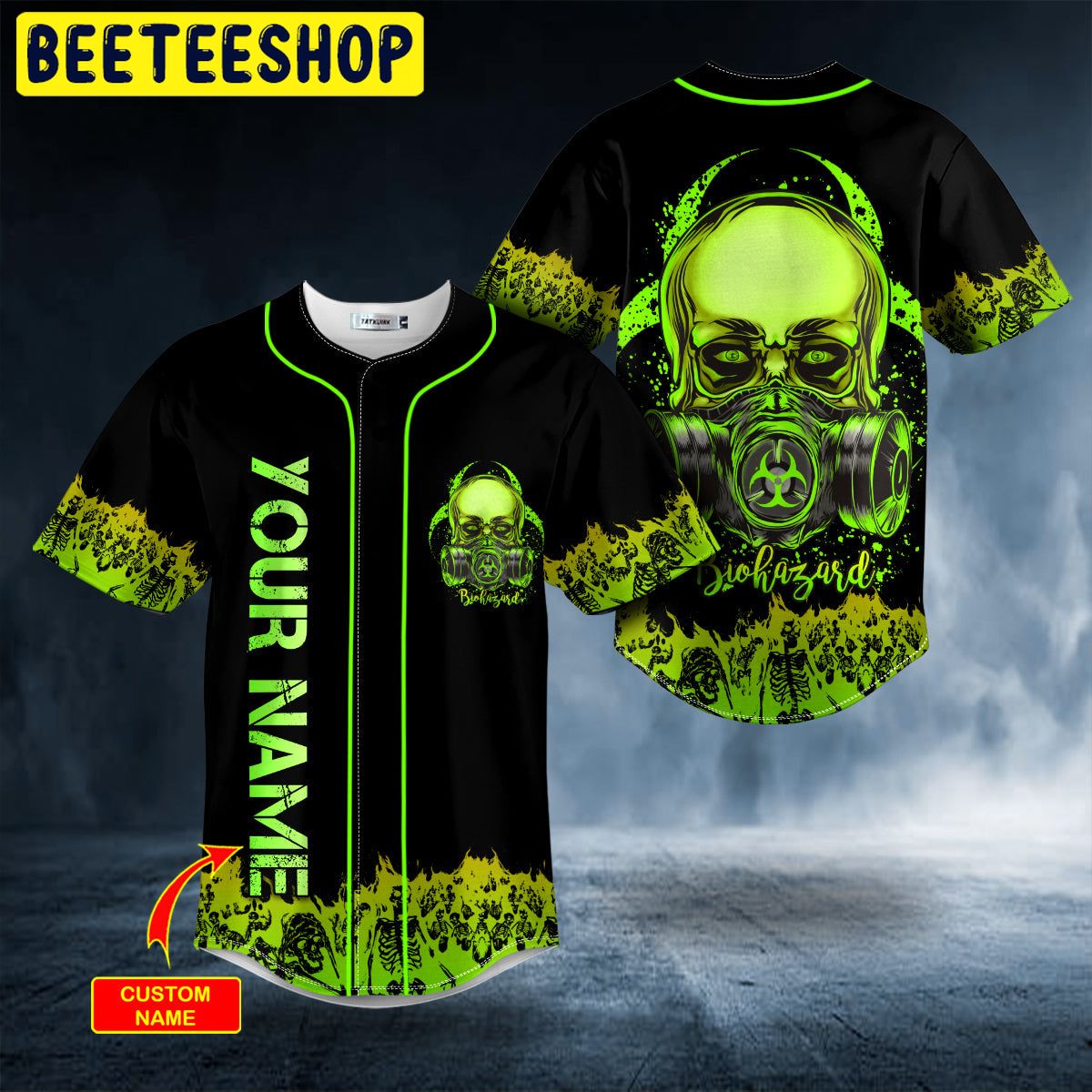 Green Gas Mask Biohazard Skull Custom Trending Baseball Jersey Green Gas Mask Biohazard Skull Custom Trending Baseball Jersey