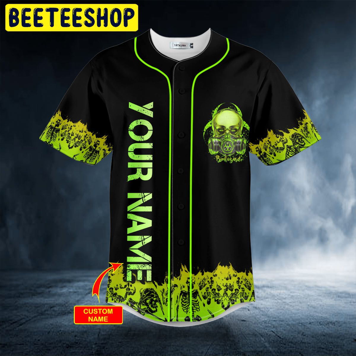 Green Gas Mask Biohazard Skull Custom Trending Baseball Jersey Green Gas Mask Biohazard Skull Custom Trending Baseball Jersey