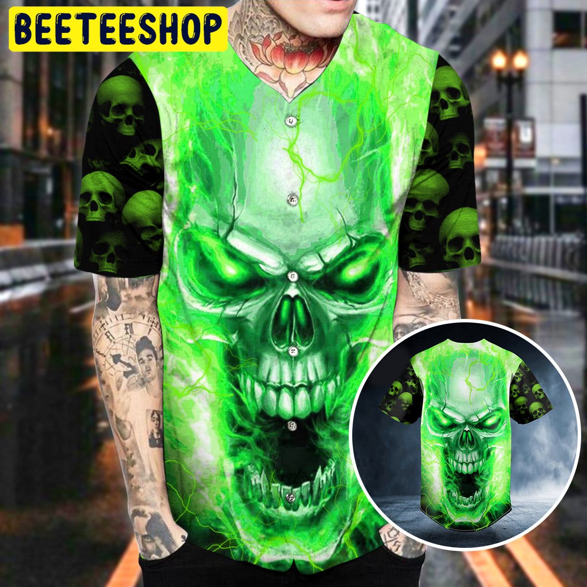 Green Lightning Screaming Skull Trending Baseball Jersey Green Lightning Screaming Skull Trending Baseball Jersey