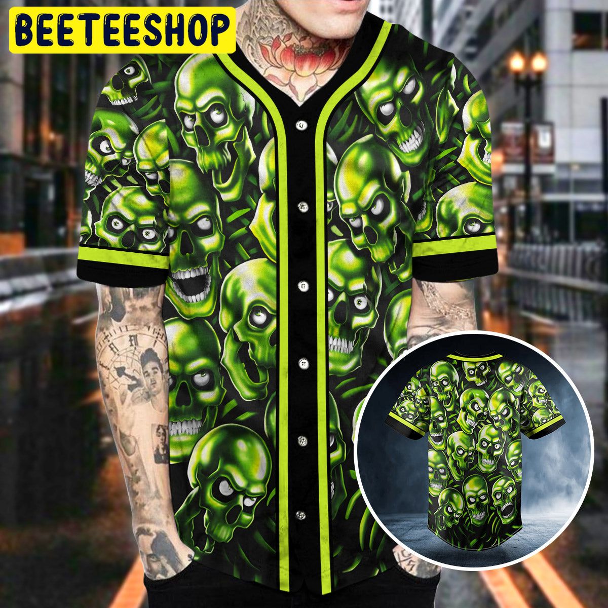 Green Pile Skull Trending Baseball Jersey Green Pile Skull Trending Baseball Jersey