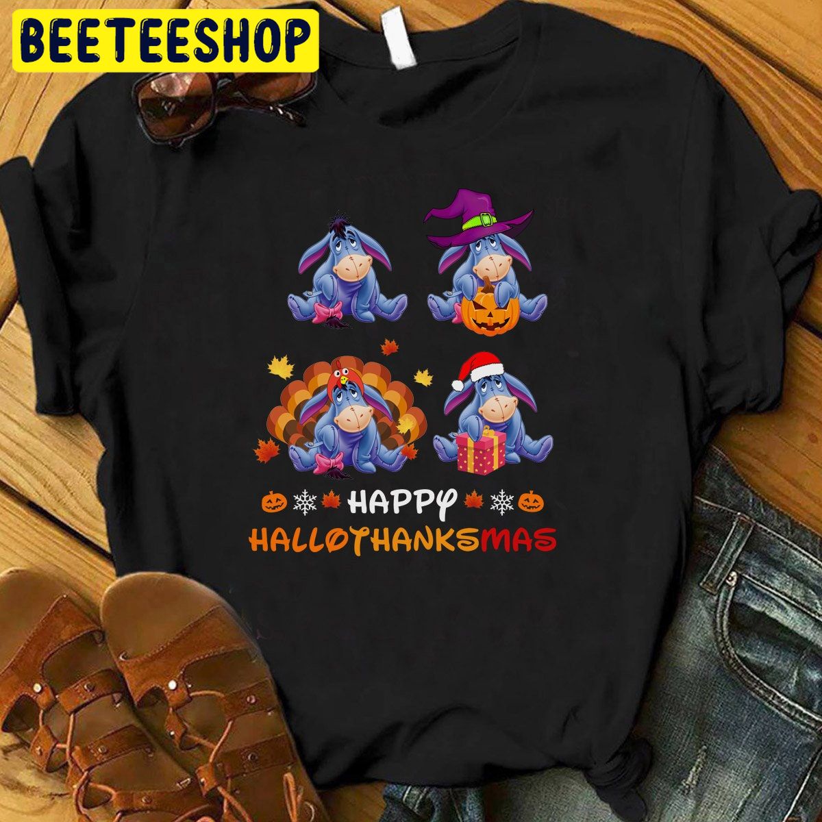 Happy Hallothanksmas Eeyore Winnie The Pooh Trending Unisex Shirt Happy Hallothanksmas Eeyore Winnie The Pooh Trending Unisex Shirt