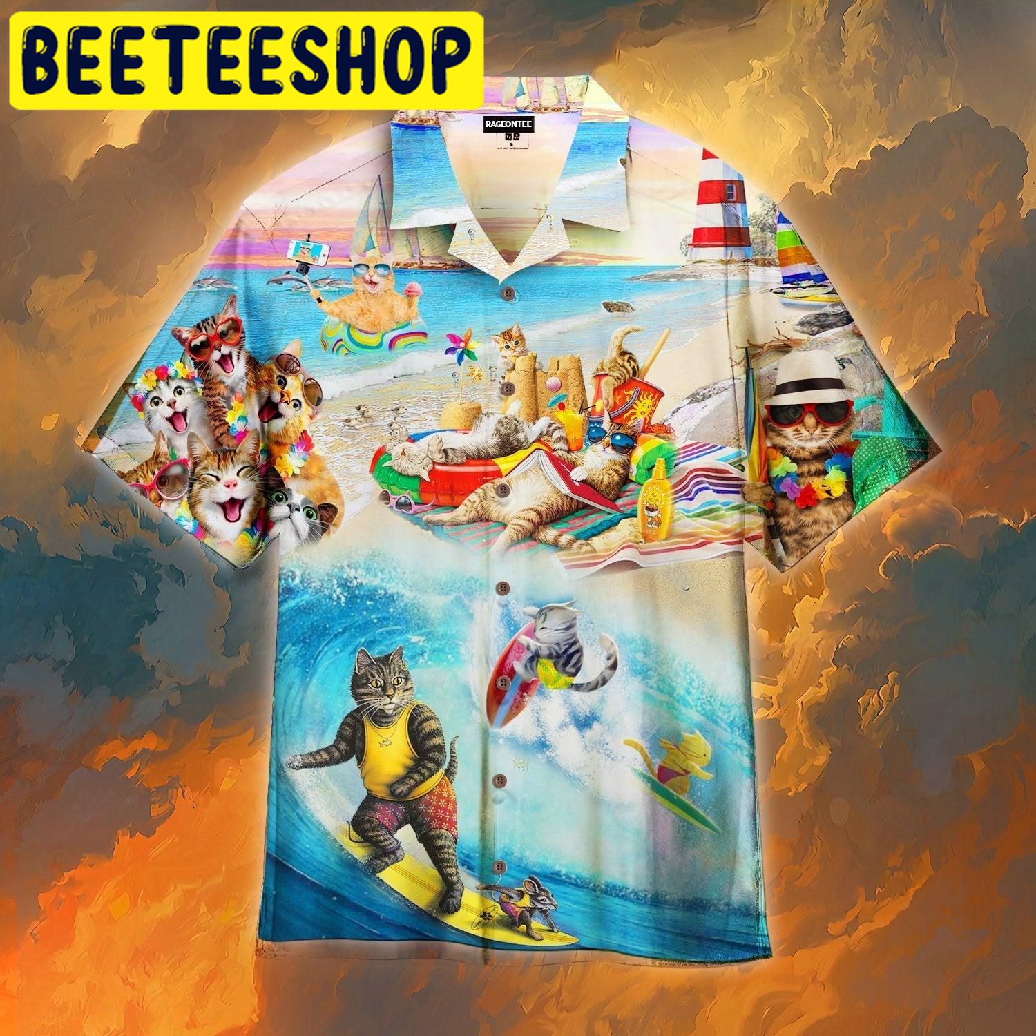 Happy Surfing Day With Cats Hawaiian Shirt Happy Surfing Day With Cats Hawaiian Shirt